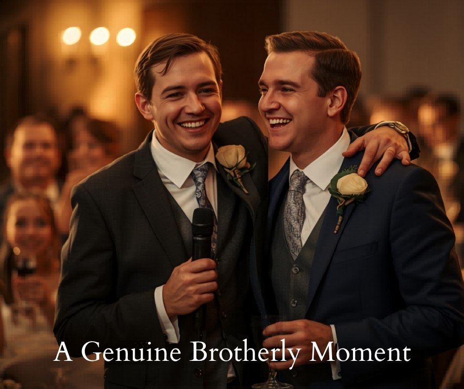 Two brothers laughing together at wedding reception
