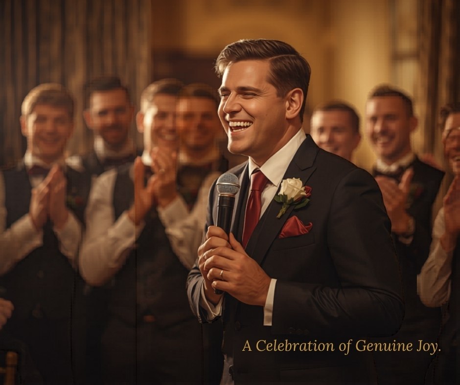Groom laughing with groomsmen at wedding reception during his speech
