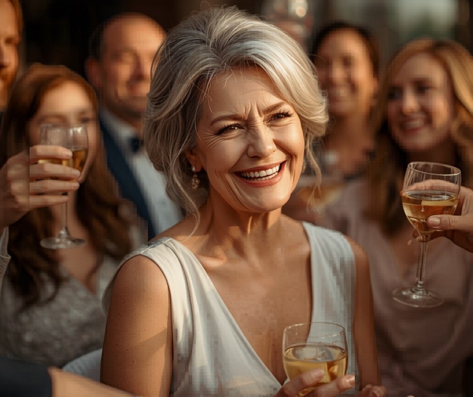 Mother of the bride laughing and celebrating at wedding reception