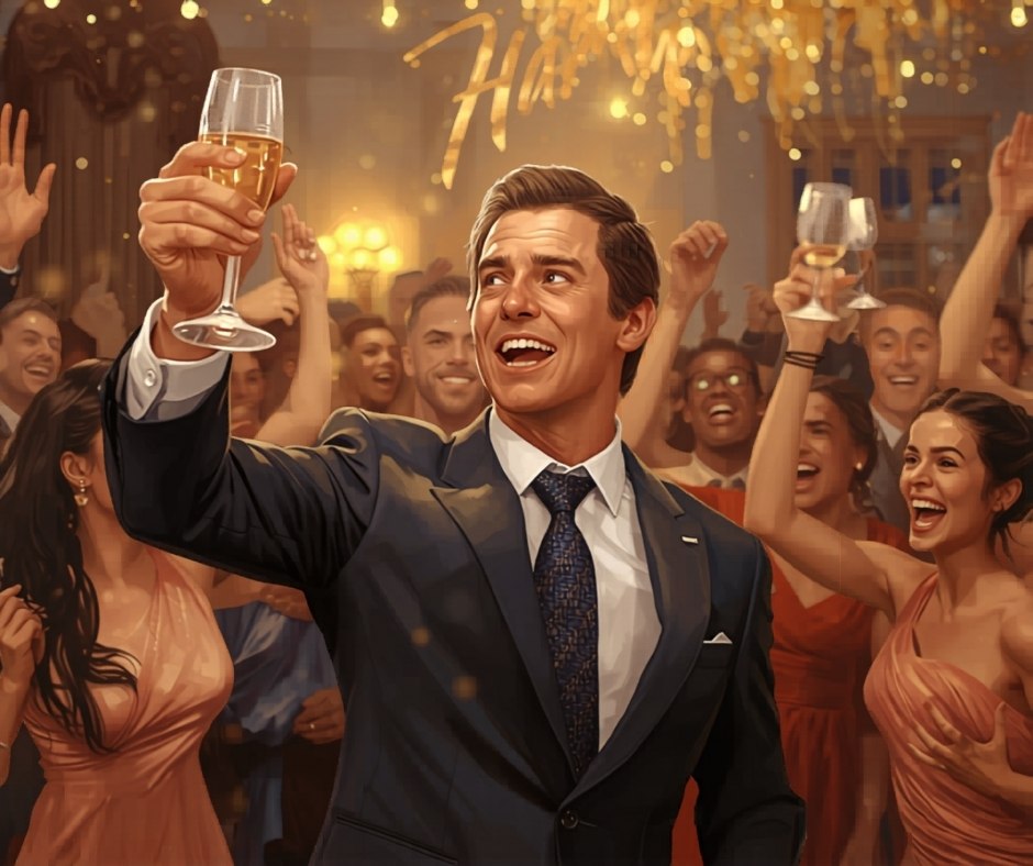 Best man raising a toast at wedding reception with cheering guests